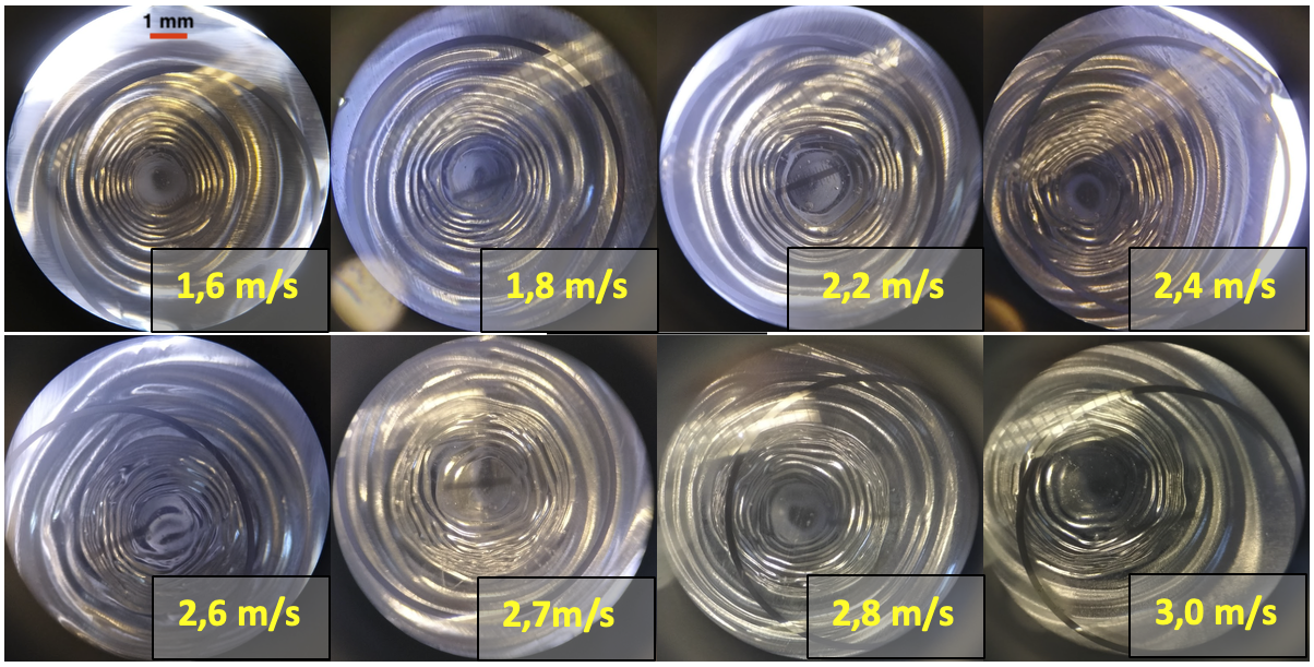 Observation au microscope des cercles obtenus sur le papier d'aluminium pour différentes vitesses des billes au moment de l'impact
