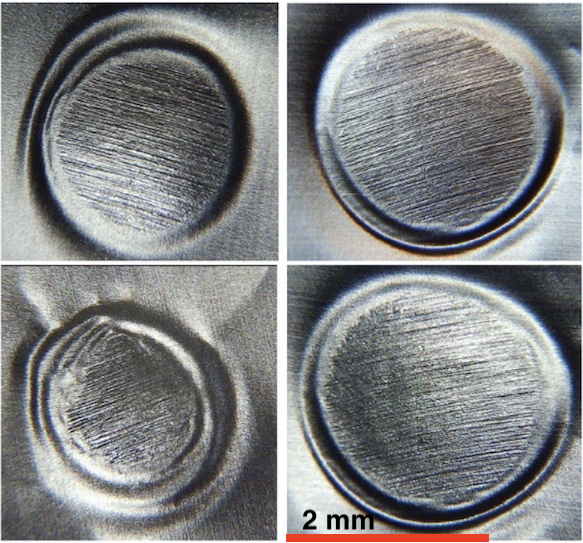 Motifs obtenus sur une feuille d'aluminium après le choc entre deux boules de pétanque
