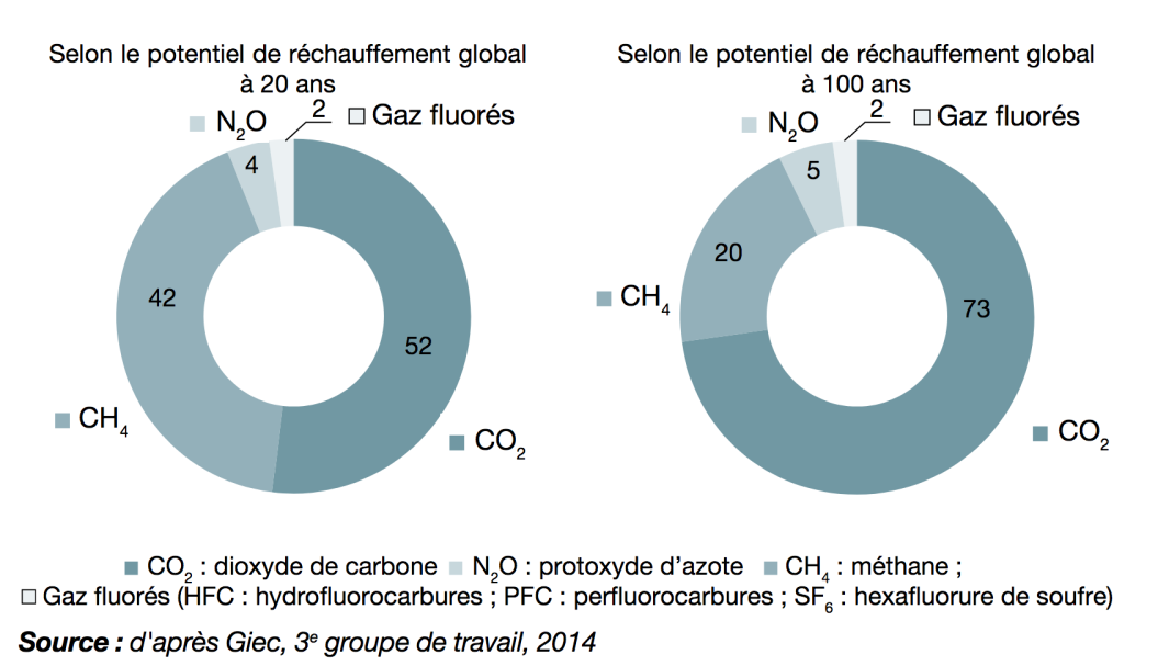 Parts respectives des différents gaz à effet de serre anthropiques dans les émissions totales de l’année 2010 sur deux périodes de référence : 20 ans et 100 ans