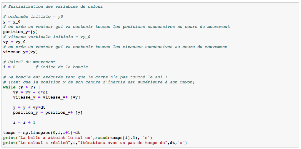 Code python du calcul de la trajectoire de la balle en chute libre avec l'introduction de listes