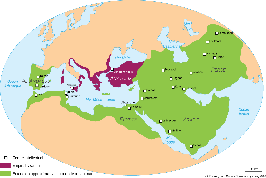 Carte du bassin Méditerranéen et du monde arabo-musulman (VIIIe siècle ap. J.-C.)
