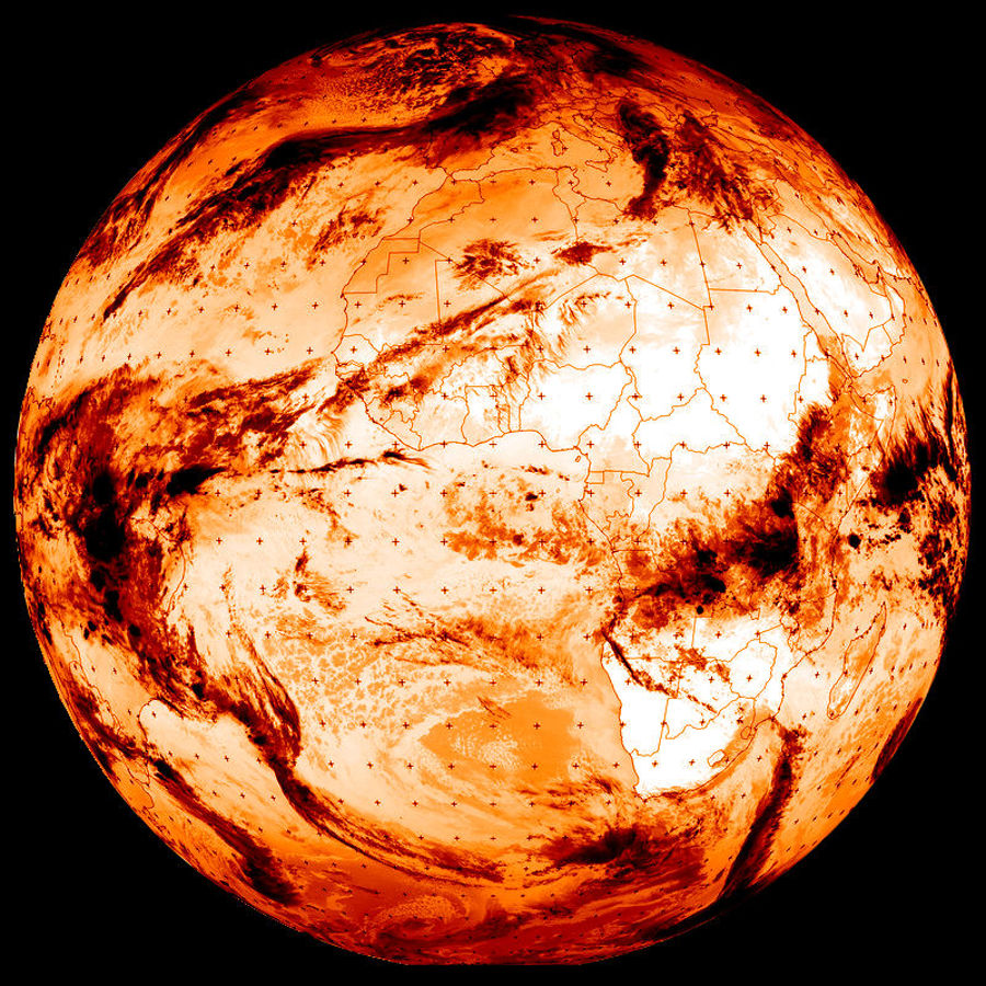La Terre vue par Météosat le 27 janvier 2020 à 10,8 μm (canal dans la fenêtre infrarouge atmosphérique)