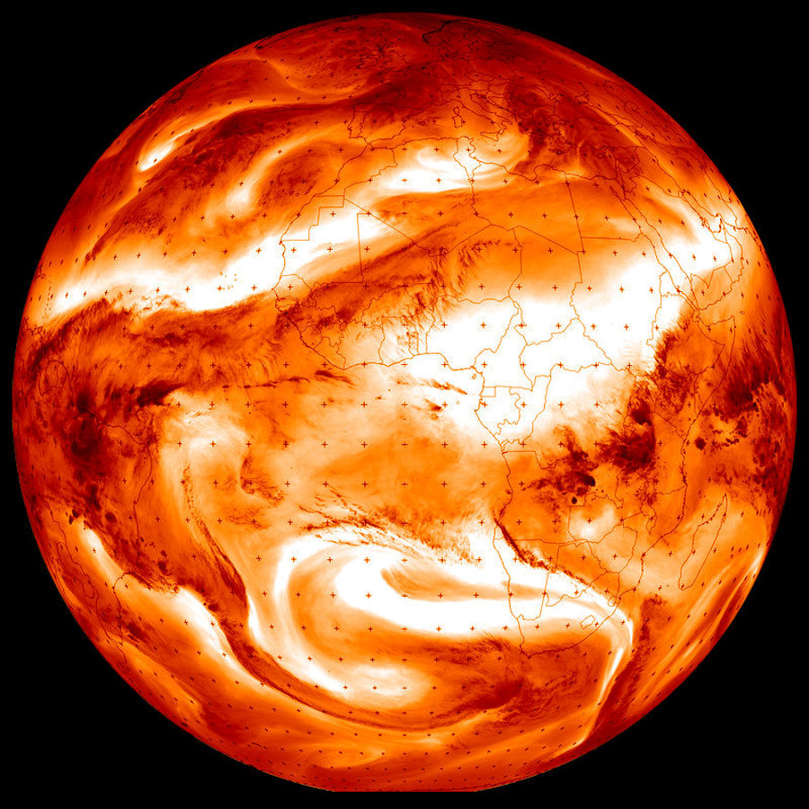La Terre vue par Météosat le 27 janvier 2020 à 6,2 μm (canal dans la bande d'absorption/émission de la vapeur d'eau)