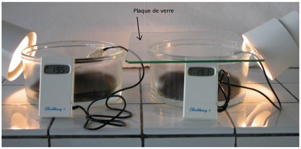 Photo de l'expérience 1. Mesure de la température de l'air dans 2 cristallisoirs (dont un recouvert par une plaque de verre), chauffés par des lampes.