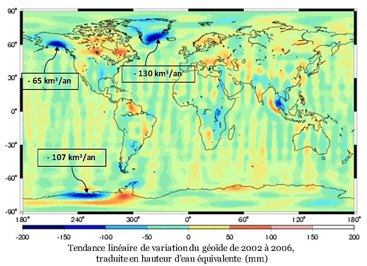 Traduction des variations du géoïde en perte de masses d'eau entre 2002 et 2006