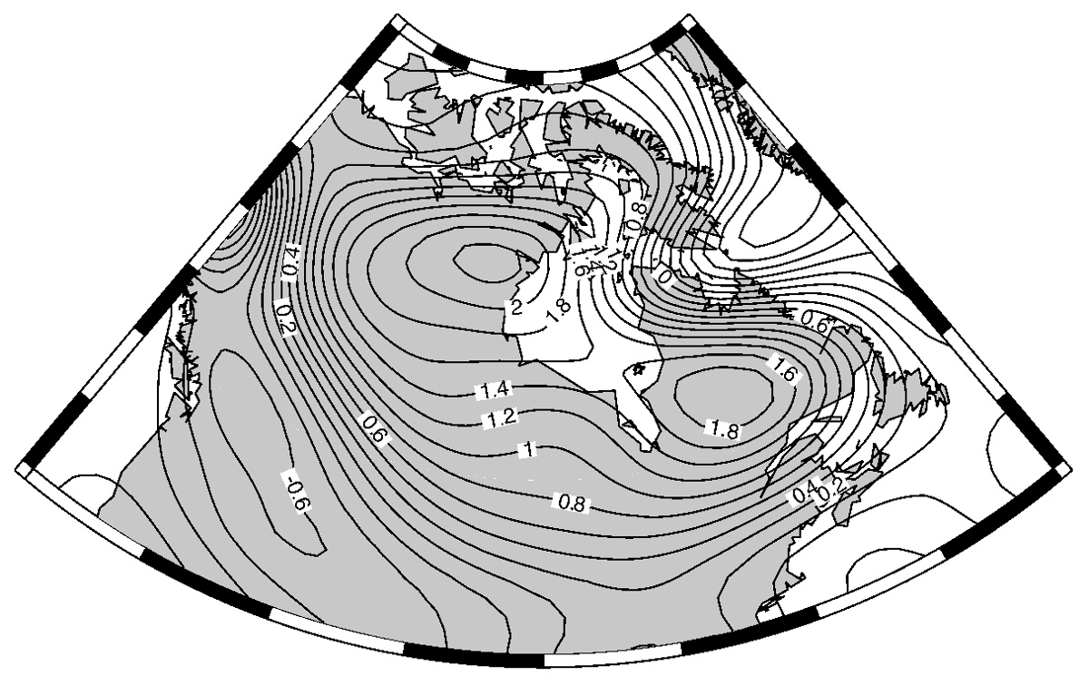 Variation de gravité mesurée par GRACE au niveau de la baie d'Hudson (10−6 Gal par an)