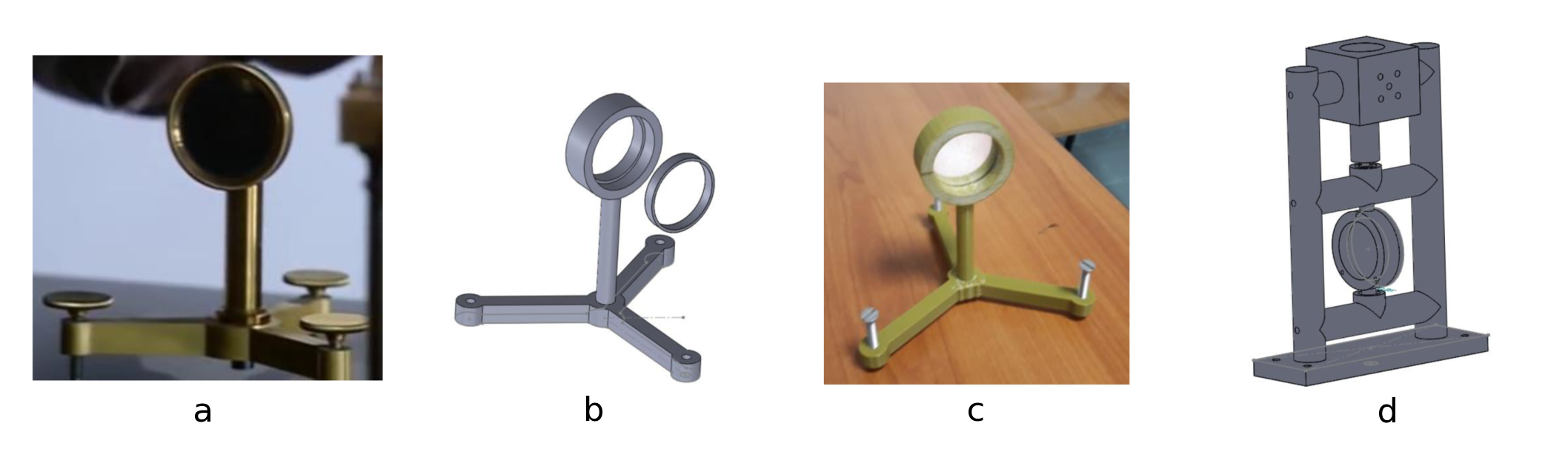 a) Support de lentille de l'expérience historique, b) Modélisation du support de lentille sous SOLIDWORKS, c) Support de lentille imprimé, d) Modélisation du support du miroir tournant sous SOLIDWORKS