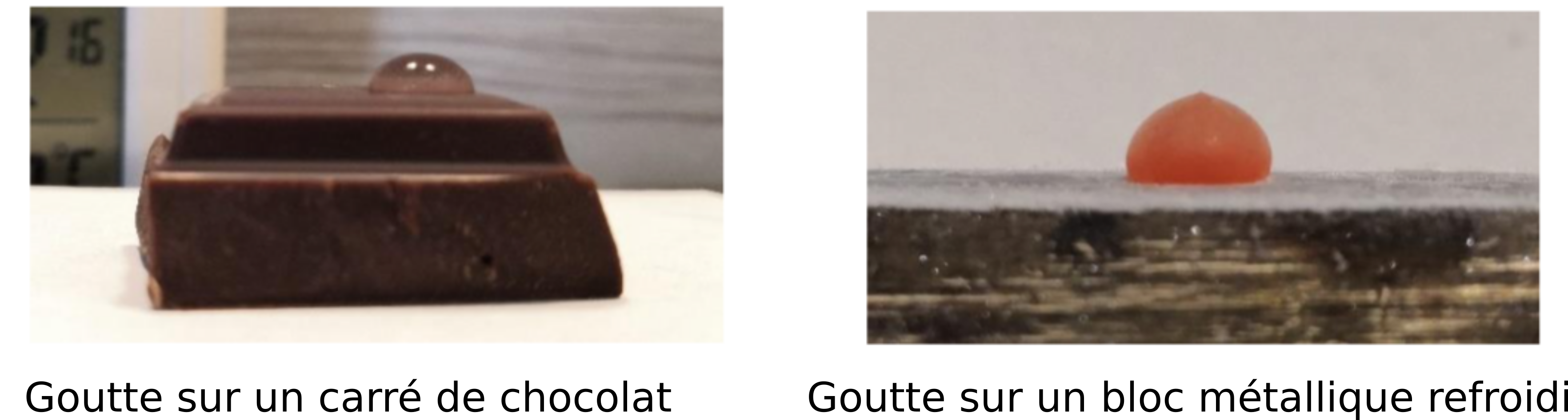 Mouillage d'une goutte d'eau sur un carré de chocolat et gel d'une goutte sur un support métallique refroidi