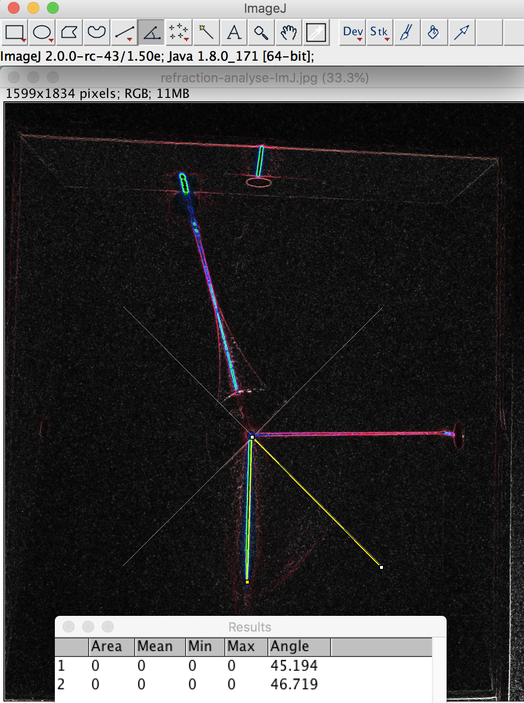 Mesure des angles d'incidence (angle 1) de réflexion (angle 2) sur le demi-cylindre à l'aide du logiciel Image J