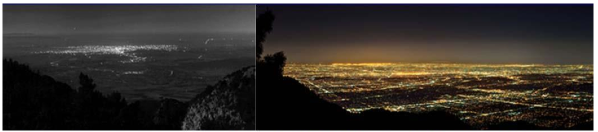 Evolution de la pollution lumineuse à Los Angeles entre 1908 et 2012, vue depuis le Mont Wilson situé à 1741m