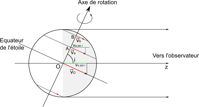 Projection des vitesses de rotation sur l'axe de visée Oz, incliné d'un angle i par rapport à l'axe de rotation de l'étoile
