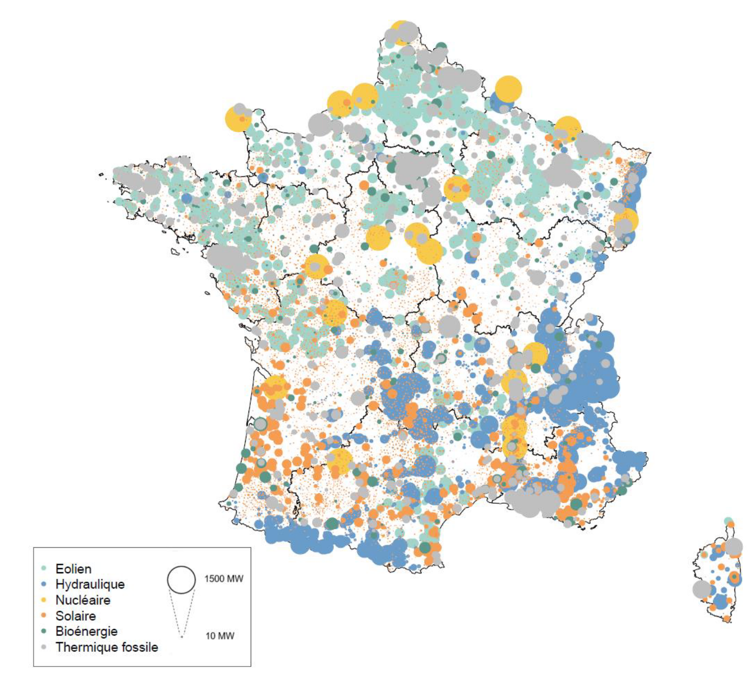 Puissance et localisation des installations de production d'électricité en France en 2019
